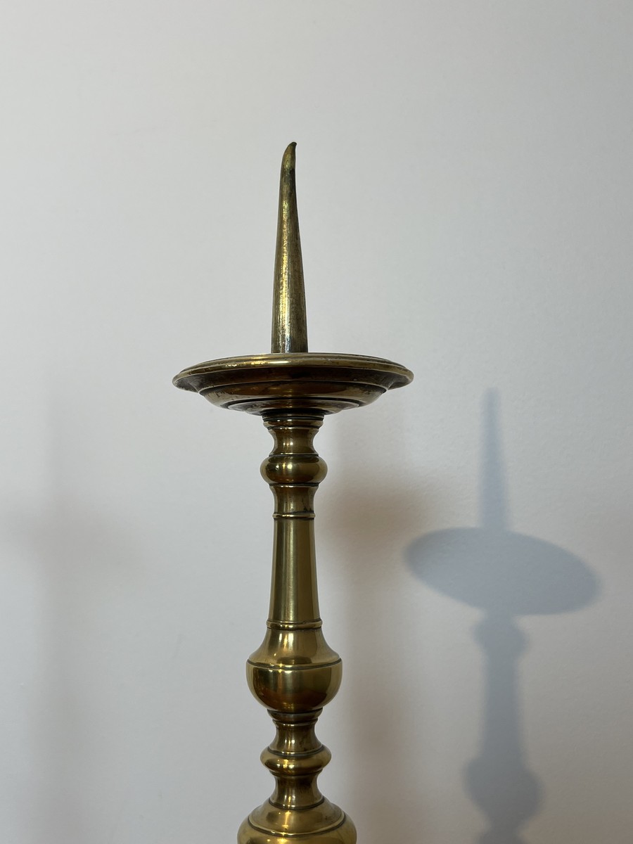 Pair Of Large Brass Altar Pricket Candlesticks With A Baluster Shaft And A Tripod Base. French -photo-2