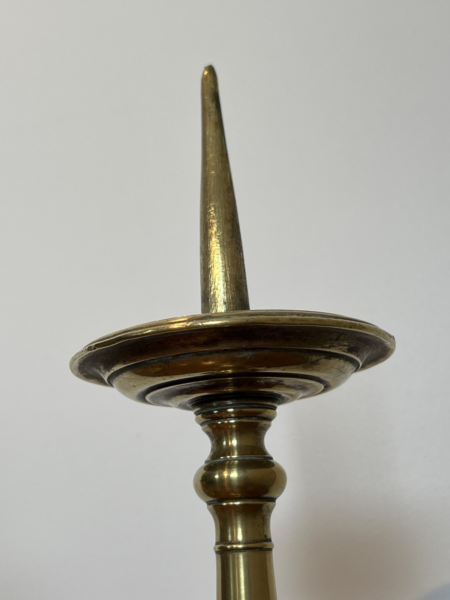 Pair Of Large Brass Altar Pricket Candlesticks With A Baluster Shaft And A Tripod Base. French -photo-4