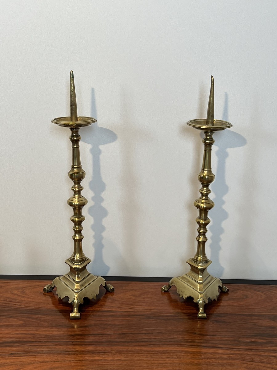 Pair Of Large Brass Altar Pricket Candlesticks With A Baluster Shaft And A Tripod Base. French -photo-6