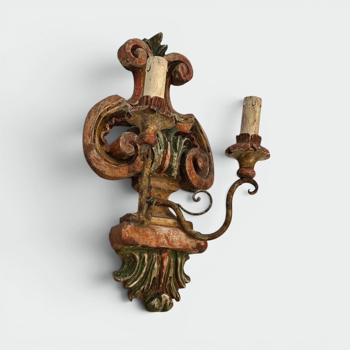 Pair Of Wall Lights In Polychrome Carved Wood With A Vase And Acanthus. Iron Arms. Italian Work-photo-2