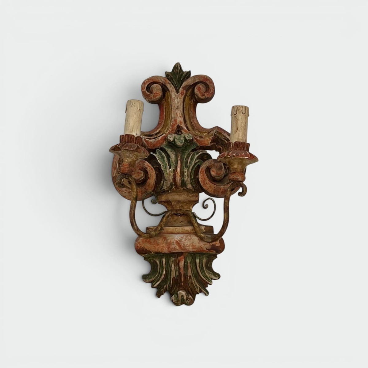 Pair Of Wall Lights In Polychrome Carved Wood With A Vase And Acanthus. Iron Arms. Italian Work-photo-3