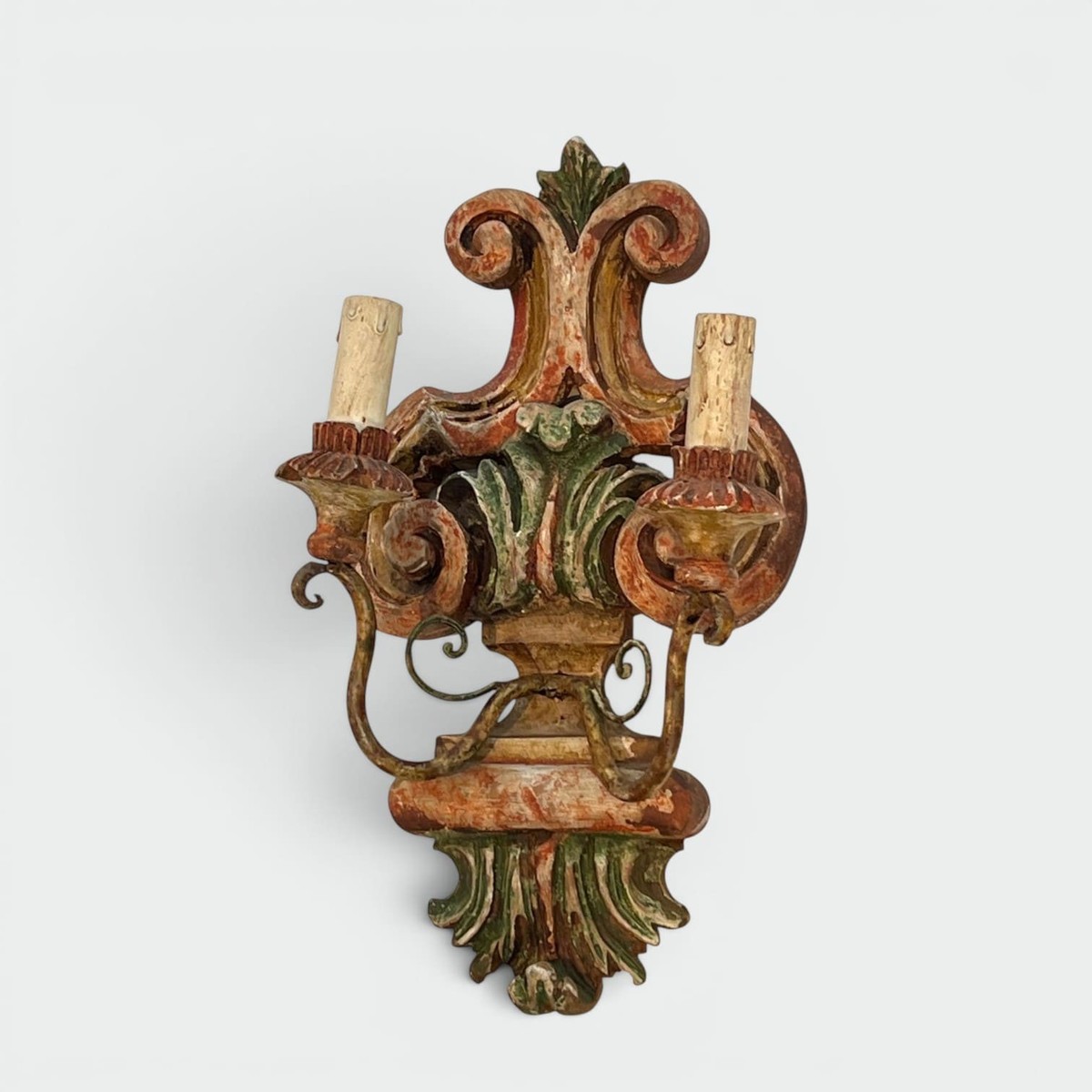Pair Of Wall Lights In Polychrome Carved Wood With A Vase And Acanthus. Iron Arms. Italian Work-photo-6