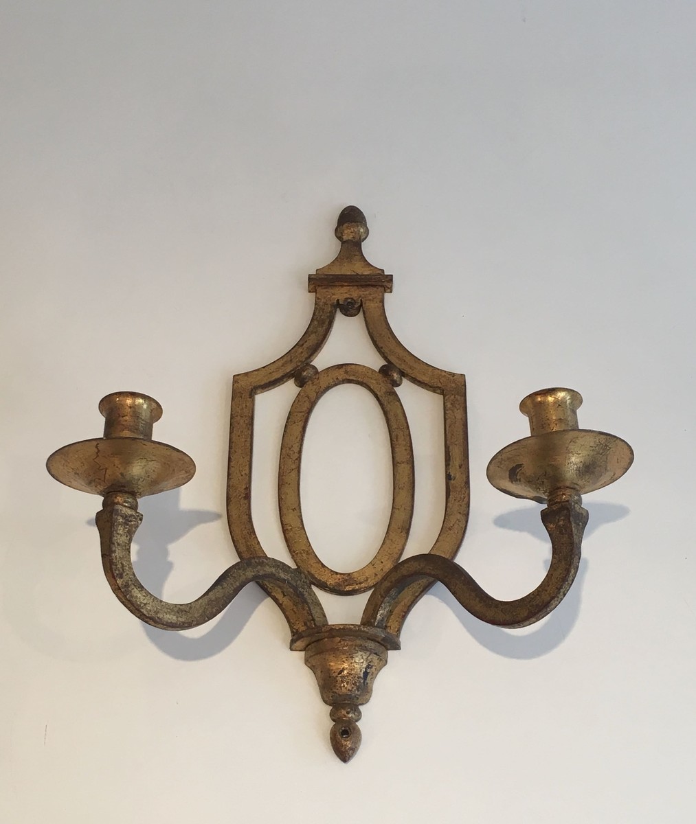 Applique en Fer Forgé Doré à Écusson Ovale et Deux Bras. Travail Français dans le Goût de Gilbe-photo-7