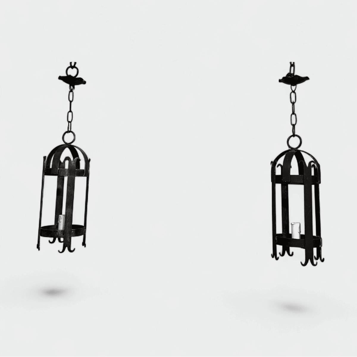 Pair Of Cylindrical Wrought Iron Lanterns. French Work. Circa 1950-photo-3