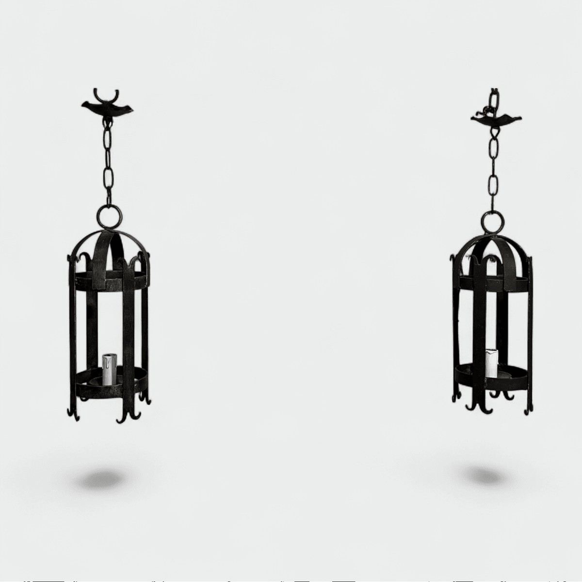 Pair Of Cylindrical Wrought Iron Lanterns. French Work. Circa 1950-photo-7