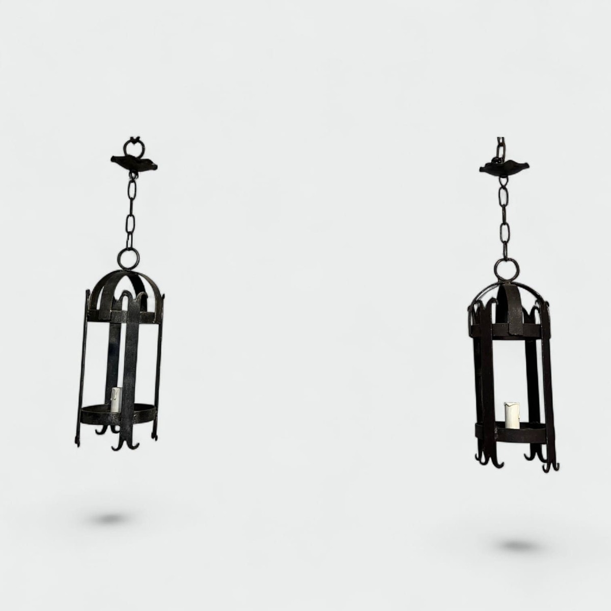 Pair Of Cylindrical Wrought Iron Lanterns. French Work. Circa 1950