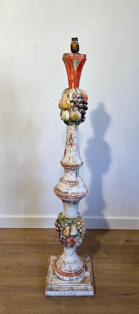 Baluster Floor Lamp In Polychrome Carved Wood With Clusters Of Fruit. Italian Work. Circa 1950-photo-2