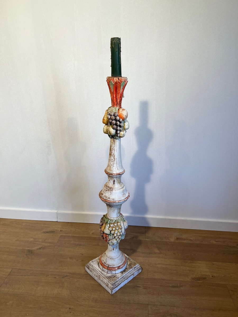 Baluster Floor Lamp In Polychrome Carved Wood With Clusters Of Fruit. Italian Work. Circa 1950-photo-4