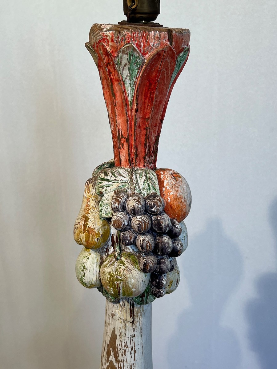 Baluster Floor Lamp In Polychrome Carved Wood With Clusters Of Fruit. Italian Work. Circa 1950-photo-2
