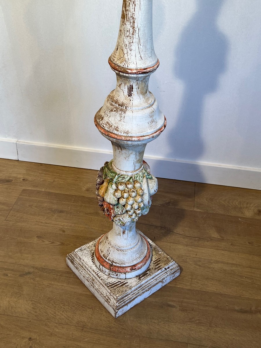 Baluster Floor Lamp In Polychrome Carved Wood With Clusters Of Fruit. Italian Work. Circa 1950-photo-7