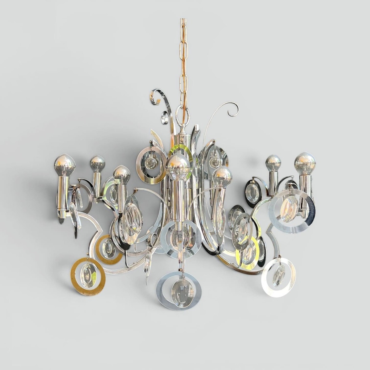 Lustre Design en Métal Chromé à Volutes et Lentilles Optiques en Verre. Travail Italien de Ange-photo-2