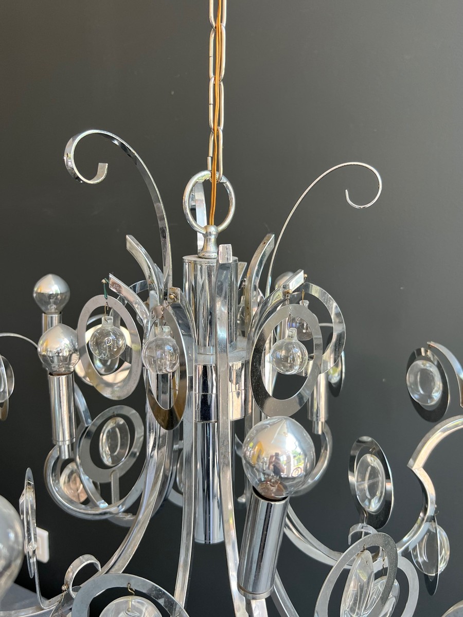 Lustre Design en Métal Chromé à Volutes et Lentilles Optiques en Verre. Travail Italien de Ange-photo-4