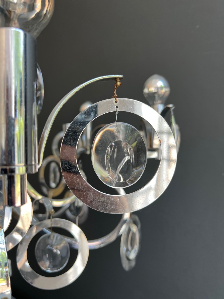 Lustre Design en Métal Chromé à Volutes et Lentilles Optiques en Verre. Travail Italien de Ange-photo-8