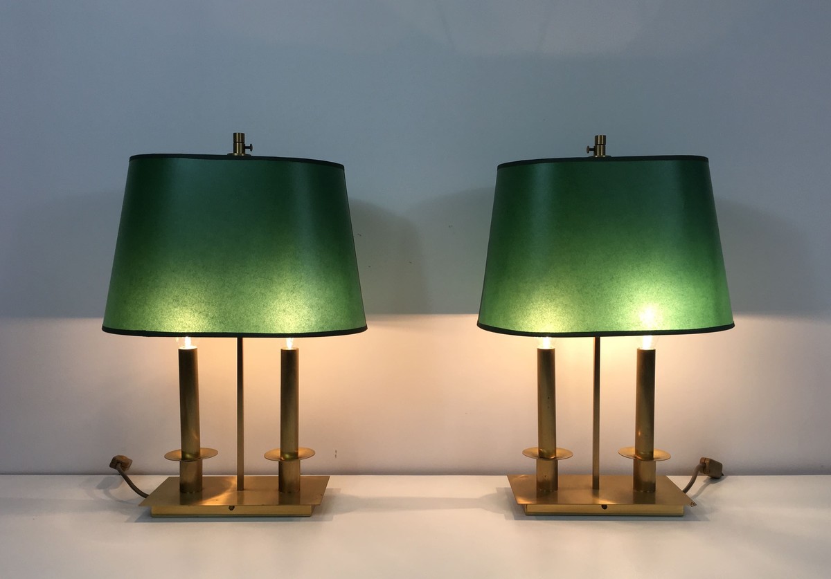 Pair Of Two-light Brass Table Lamps With Green Shades. French Work In The Manner Of Jacques Qui-photo-2