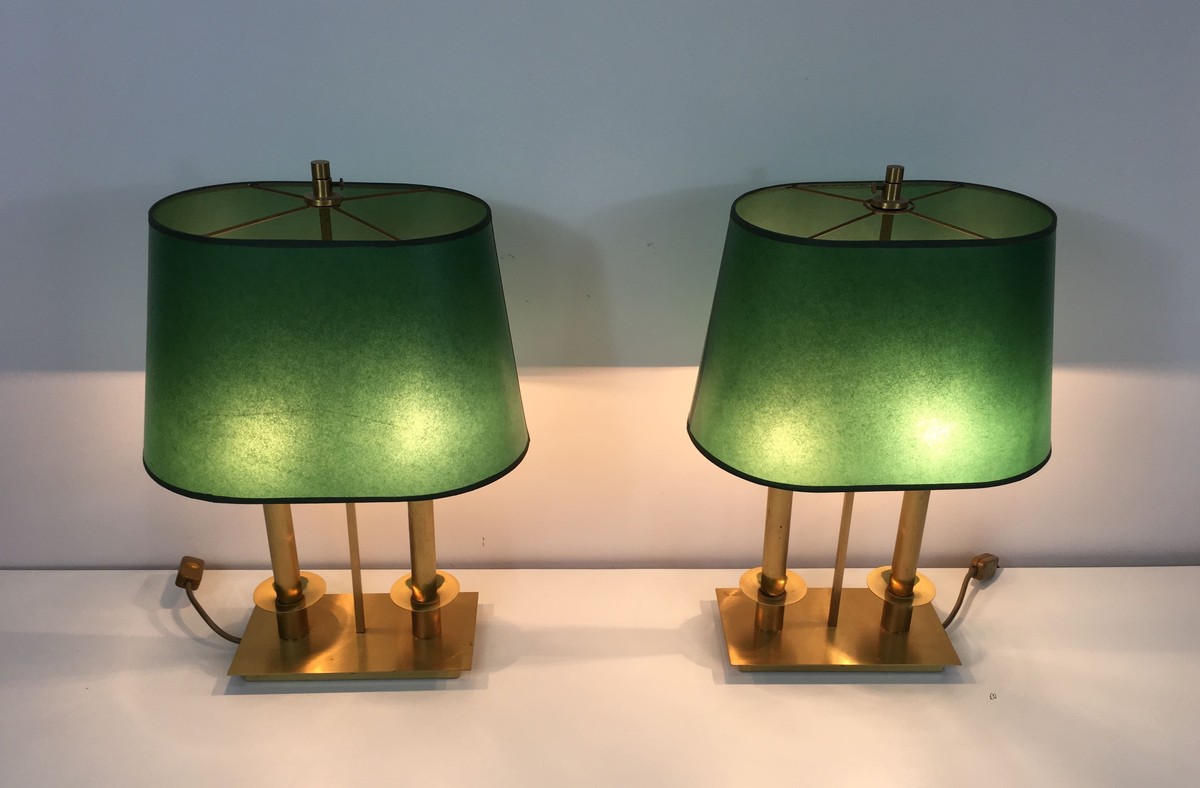 Pair Of Two-light Brass Table Lamps With Green Shades. French Work In The Manner Of Jacques Qui-photo-3