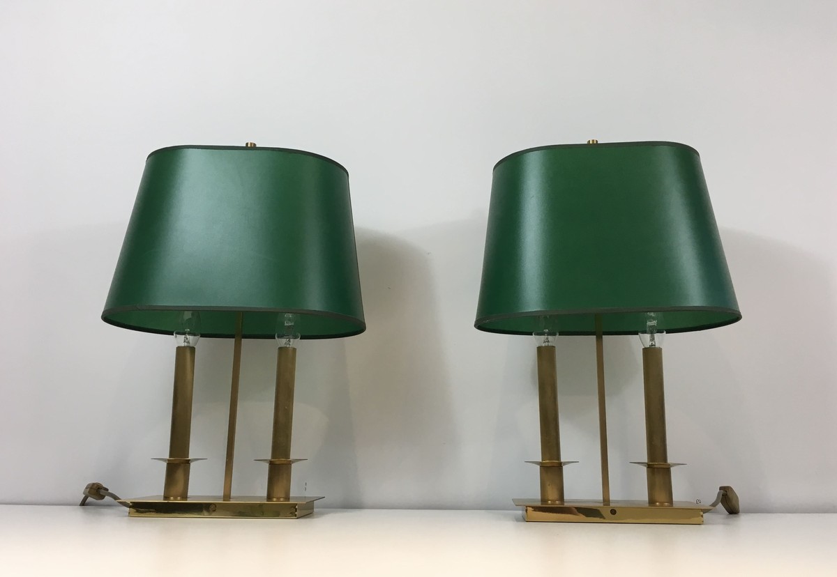 Pair Of Two-light Brass Table Lamps With Green Shades. French Work In The Manner Of Jacques Qui-photo-1