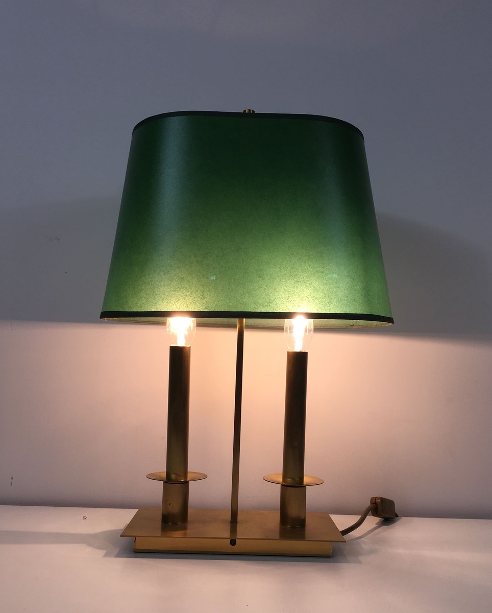 Pair Of Two-light Brass Table Lamps With Green Shades. French Work In The Manner Of Jacques Qui-photo-2