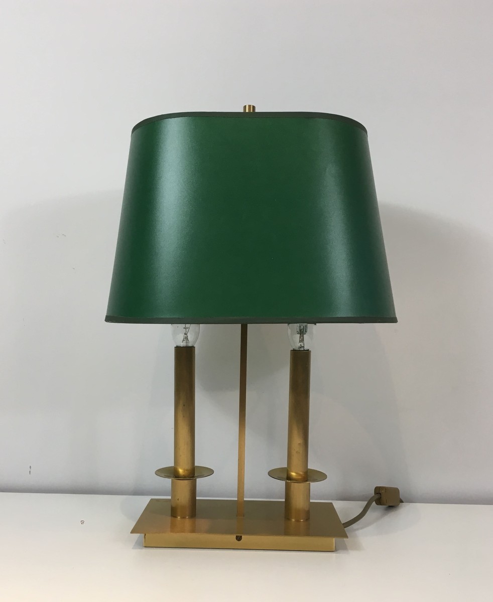 Pair Of Two-light Brass Table Lamps With Green Shades. French Work In The Manner Of Jacques Qui-photo-3