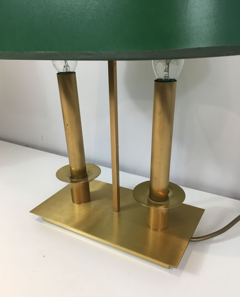 Pair Of Two-light Brass Table Lamps With Green Shades. French Work In The Manner Of Jacques Qui-photo-6