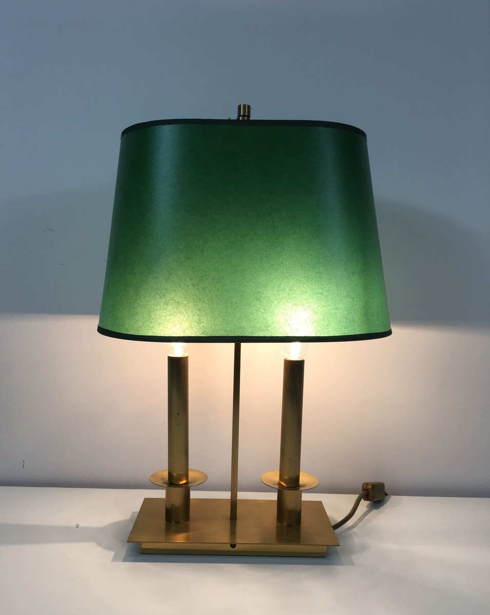 Pair Of Two-light Brass Table Lamps With Green Shades. French Work In The Manner Of Jacques Qui-photo-7