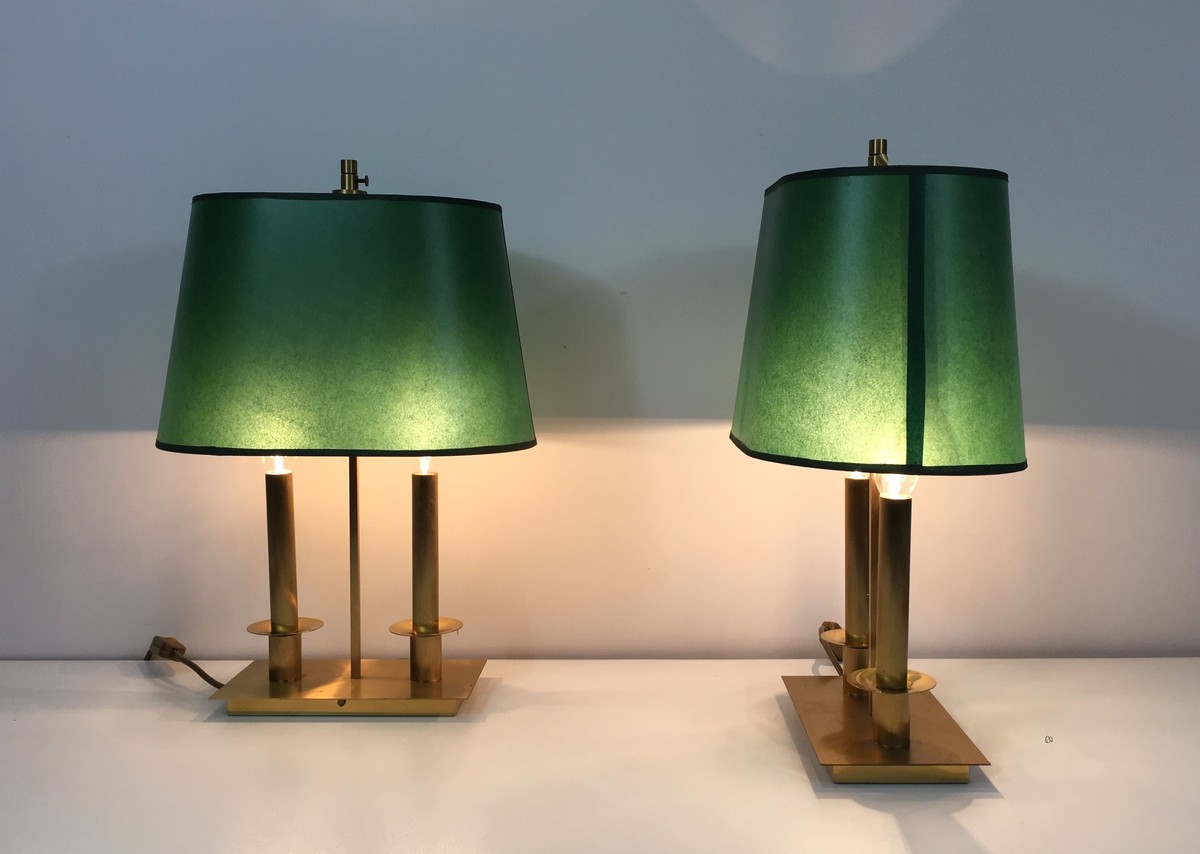 Pair Of Two-light Brass Table Lamps With Green Shades. French Work In The Manner Of Jacques Qui-photo-8