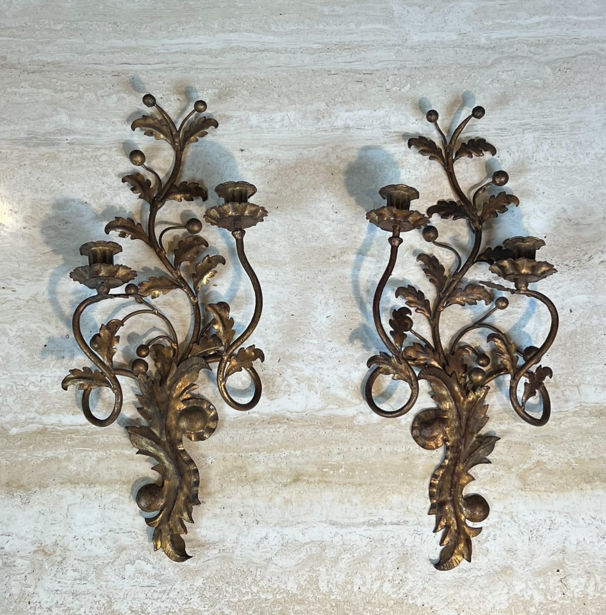 Pair Of Two-light Gilt Metal Sconces With Foliage And Berry Decoration. Italian Work. Circa 195-photo-2