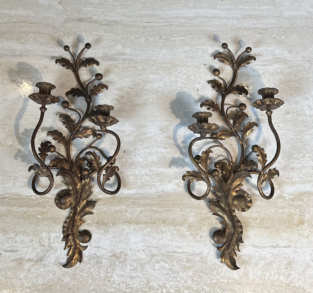 Pair Of Two-light Gilt Metal Sconces With Foliage And Berry Decoration. Italian Work. Circa 195-photo-3