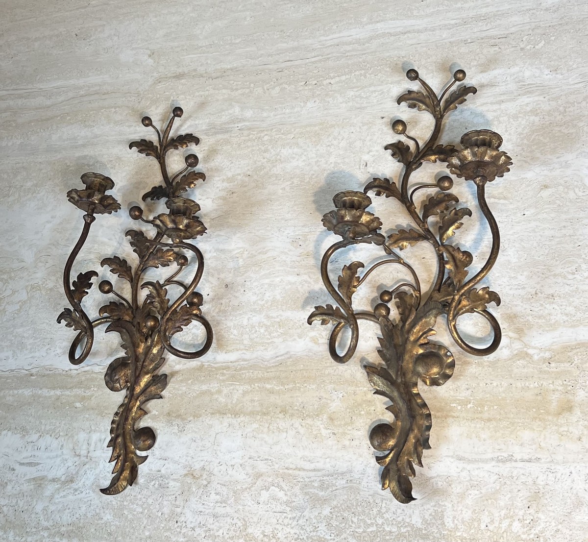 Pair Of Two-light Gilt Metal Sconces With Foliage And Berry Decoration. Italian Work. Circa 195-photo-4