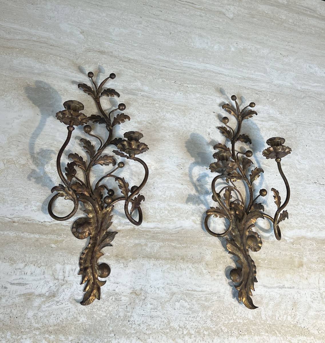 Pair Of Two-light Gilt Metal Sconces With Foliage And Berry Decoration. Italian Work. Circa 195-photo-1