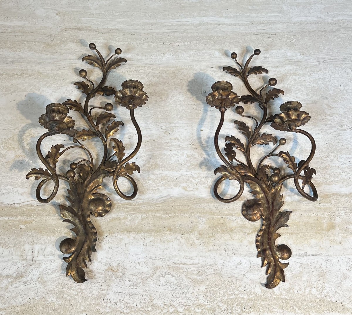 Pair Of Two-light Gilt Metal Sconces With Foliage And Berry Decoration. Italian Work. Circa 195-photo-2
