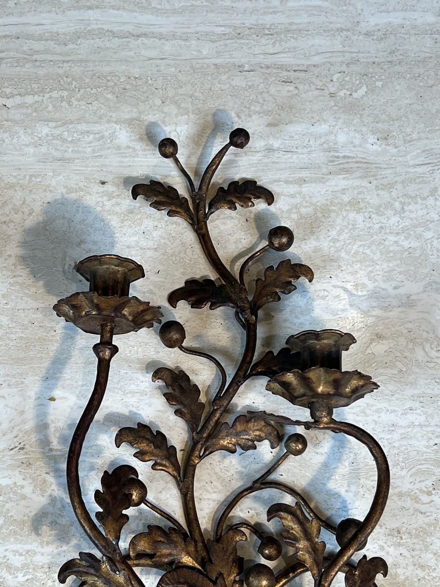 Pair Of Two-light Gilt Metal Sconces With Foliage And Berry Decoration. Italian Work. Circa 195-photo-3