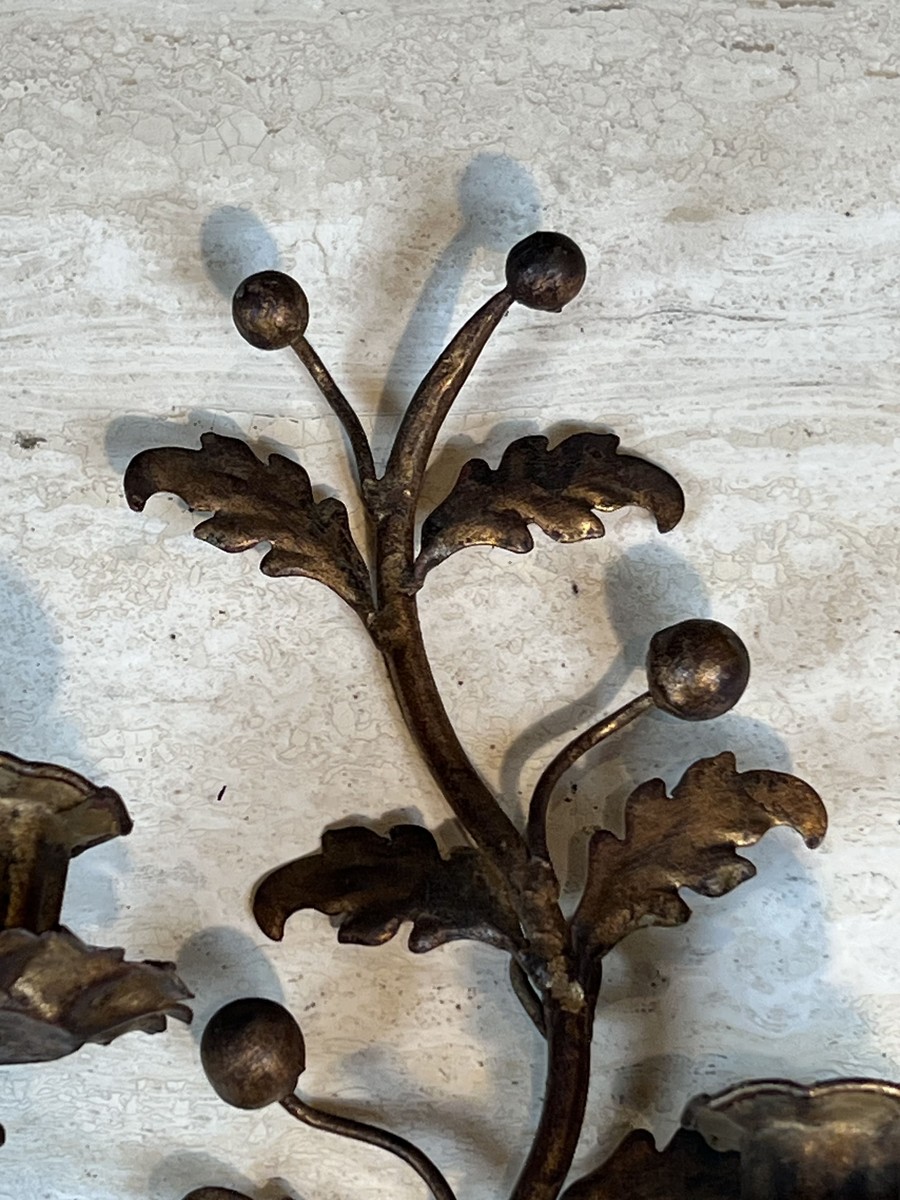 Pair Of Two-light Gilt Metal Sconces With Foliage And Berry Decoration. Italian Work. Circa 195-photo-4
