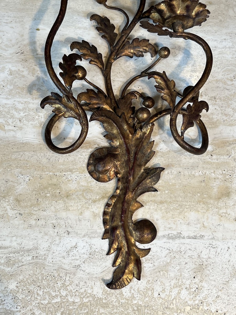 Pair Of Two-light Gilt Metal Sconces With Foliage And Berry Decoration. Italian Work. Circa 195-photo-7