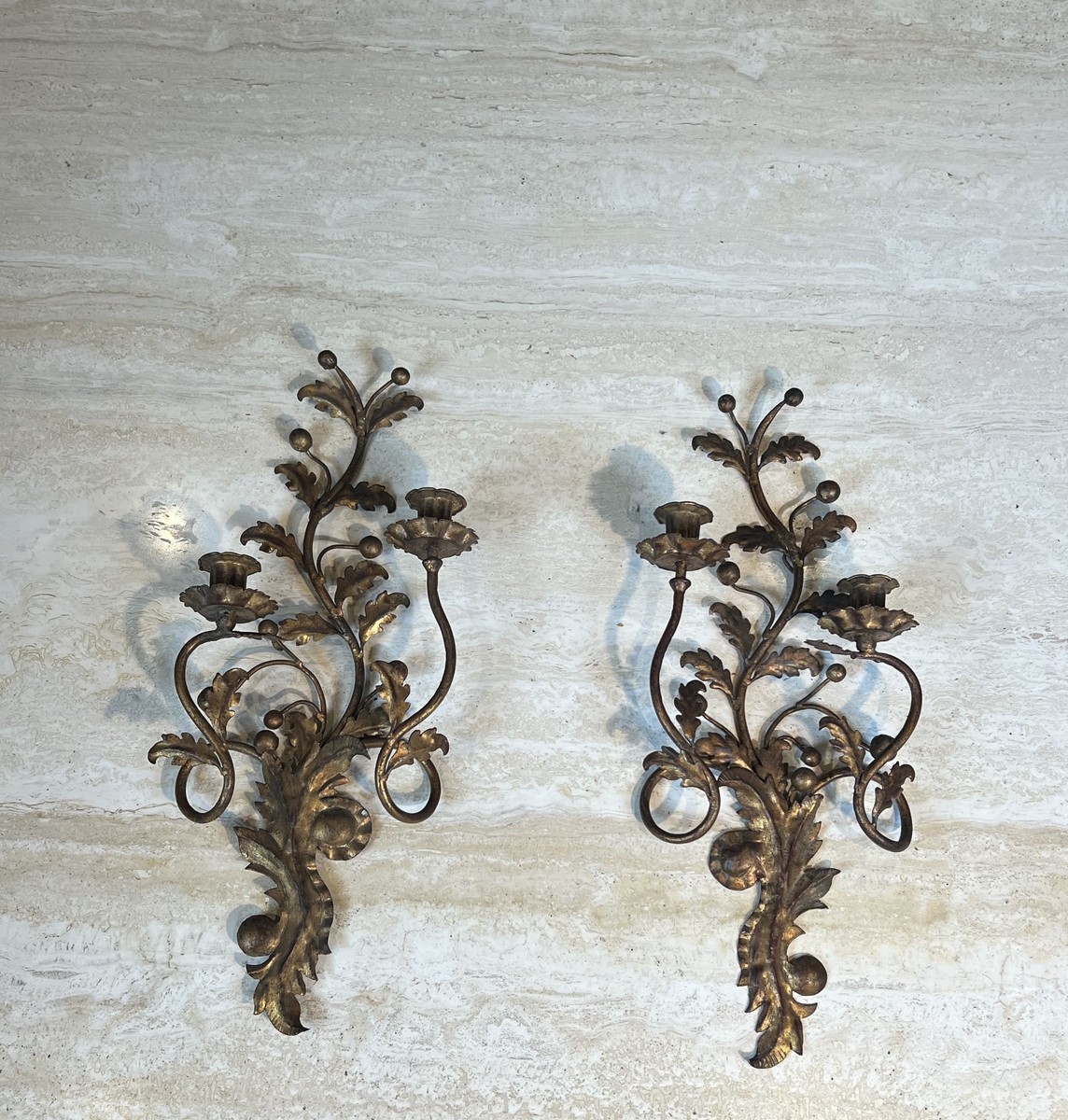 Pair Of Two-light Gilt Metal Sconces With Foliage And Berry Decoration. Italian Work. Circa 195-photo-8