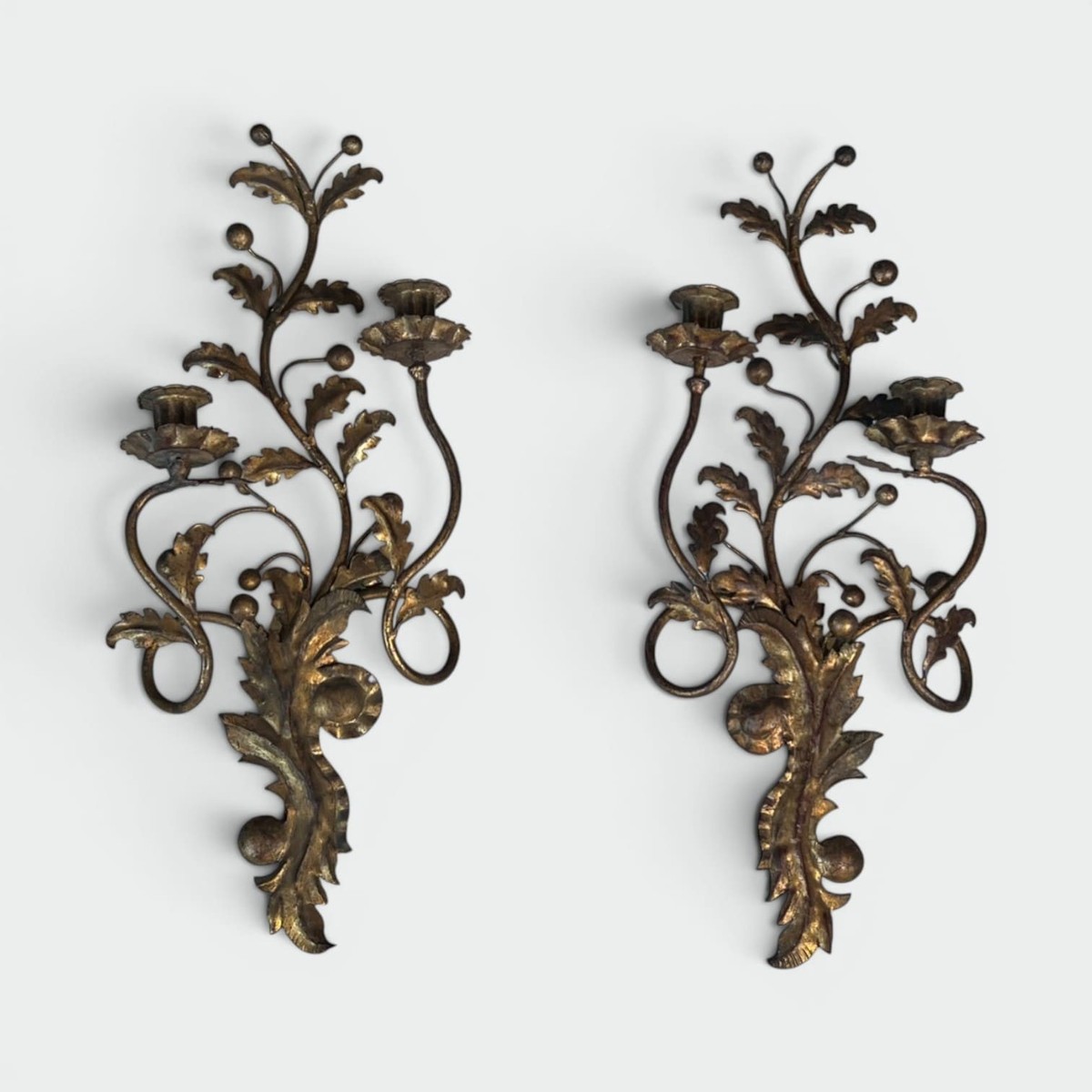 Pair Of Two-light Gilt Metal Sconces With Foliage And Berry Decoration. Italian Work. Circa 195