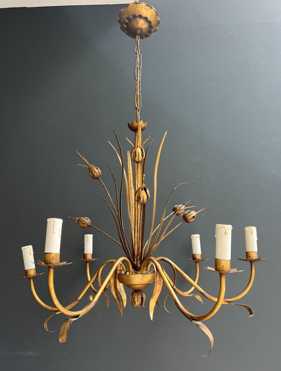 Gilt Metal Chandelier With Reed Spray Decoration. Coco Chanel Style. French Work. Circa 1970-photo-2
