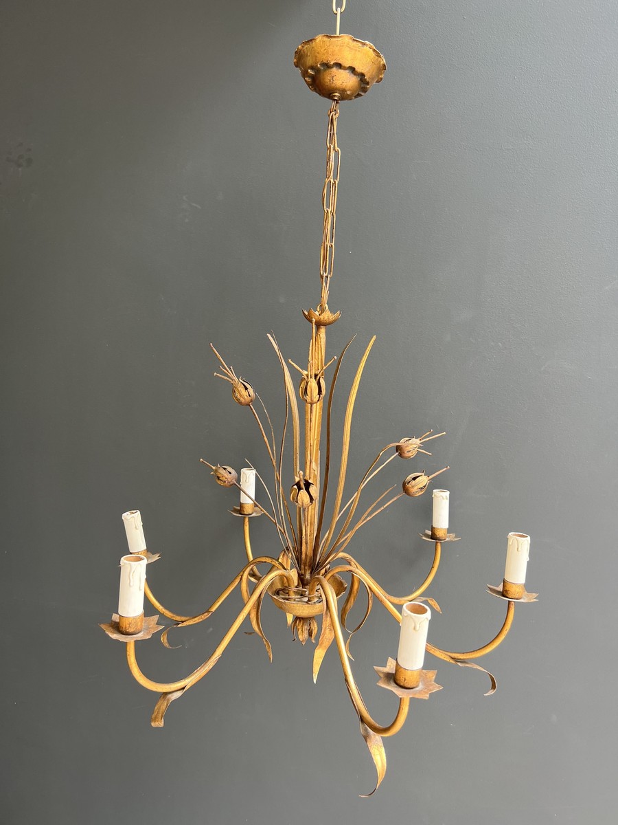 Gilt Metal Chandelier With Reed Spray Decoration. Coco Chanel Style. French Work. Circa 1970-photo-4