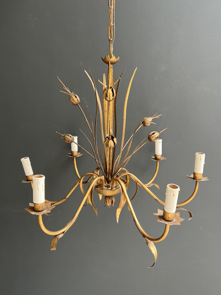 Gilt Metal Chandelier With Reed Spray Decoration. Coco Chanel Style. French Work. Circa 1970-photo-1