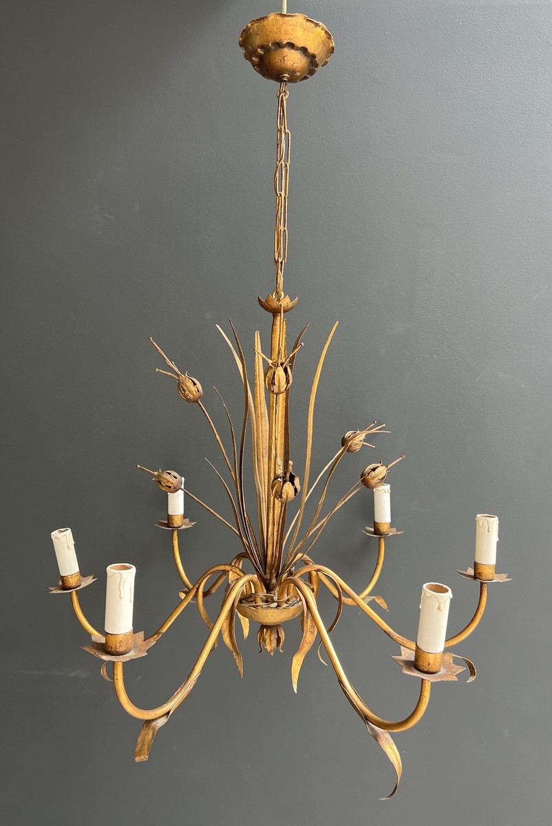 Gilt Metal Chandelier With Reed Spray Decoration. Coco Chanel Style. French Work. Circa 1970-photo-2
