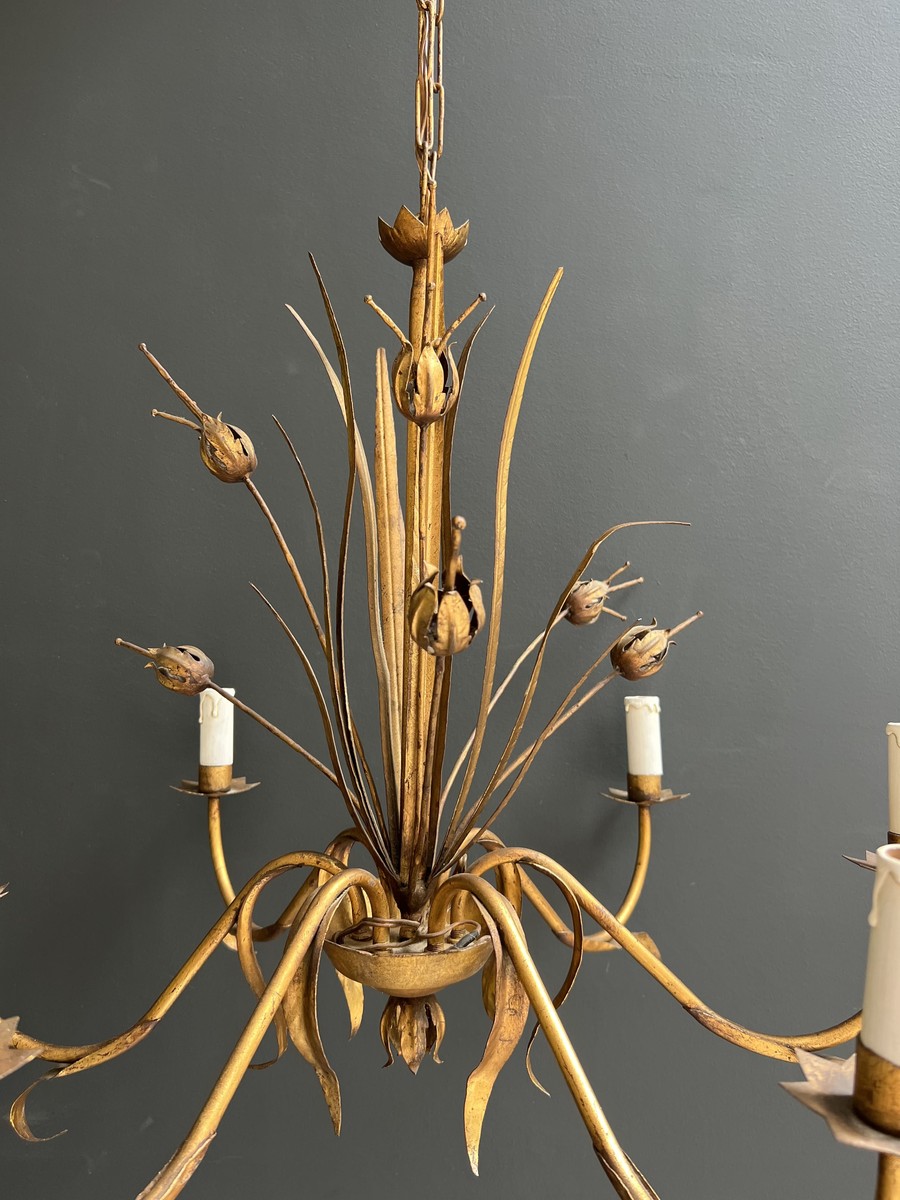 Gilt Metal Chandelier With Reed Spray Decoration. Coco Chanel Style. French Work. Circa 1970-photo-3