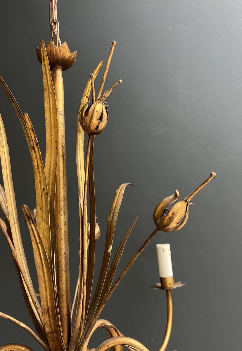Gilt Metal Chandelier With Reed Spray Decoration. Coco Chanel Style. French Work. Circa 1970-photo-4