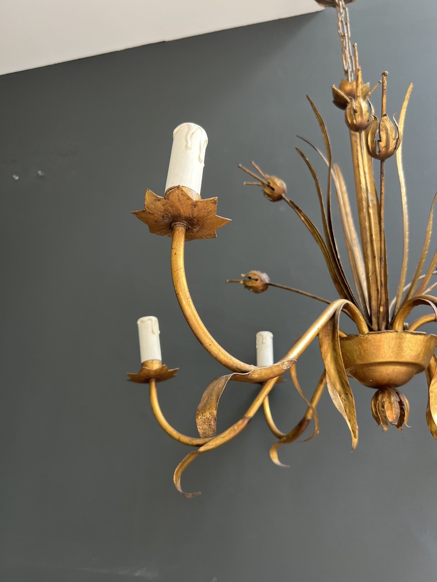 Gilt Metal Chandelier With Reed Spray Decoration. Coco Chanel Style. French Work. Circa 1970-photo-5