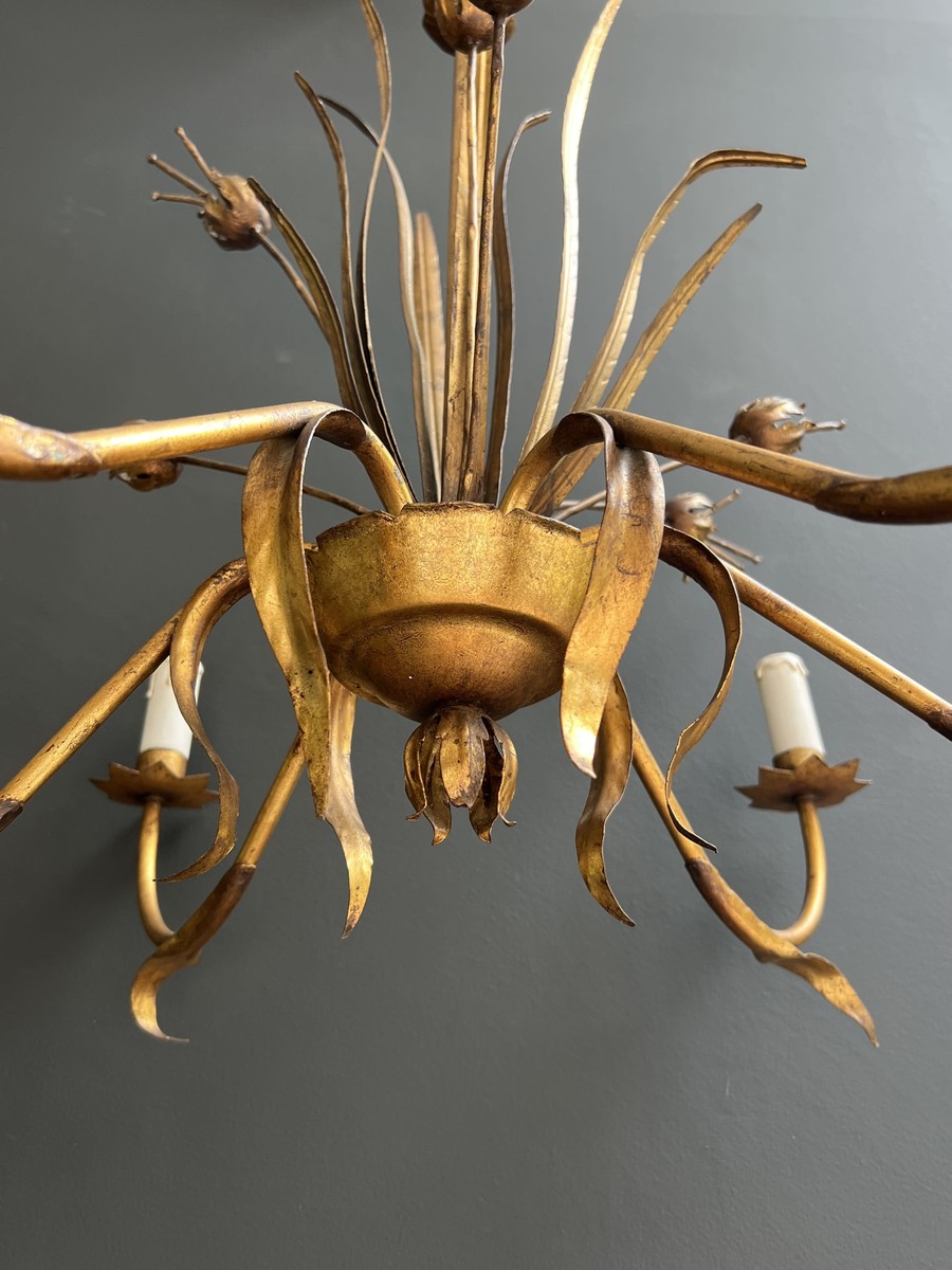 Gilt Metal Chandelier With Reed Spray Decoration. Coco Chanel Style. French Work. Circa 1970-photo-6