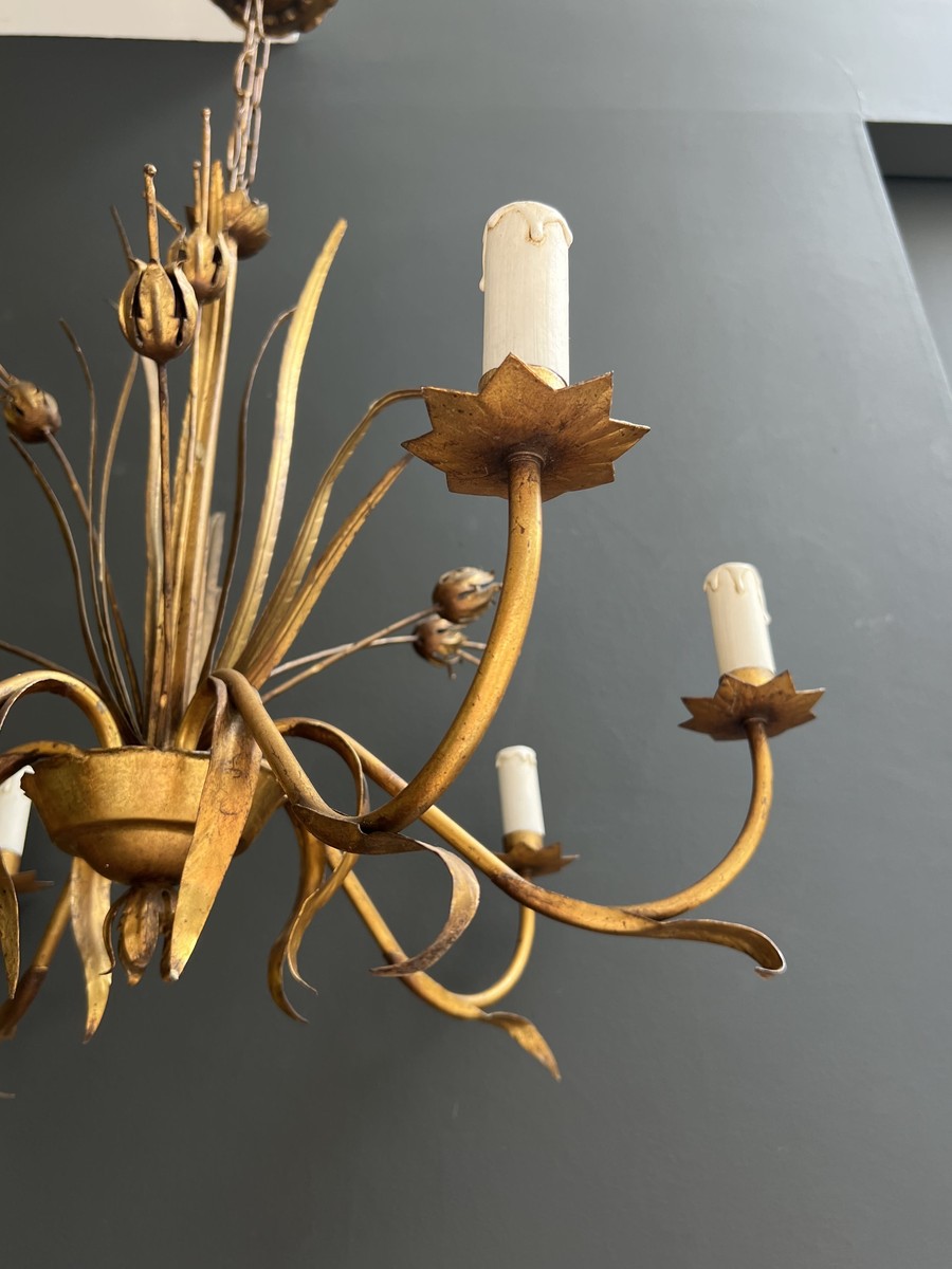 Gilt Metal Chandelier With Reed Spray Decoration. Coco Chanel Style. French Work. Circa 1970-photo-7