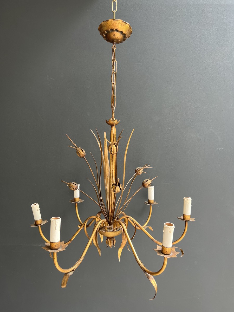 Gilt Metal Chandelier With Reed Spray Decoration. Coco Chanel Style. French Work. Circa 1970-photo-8