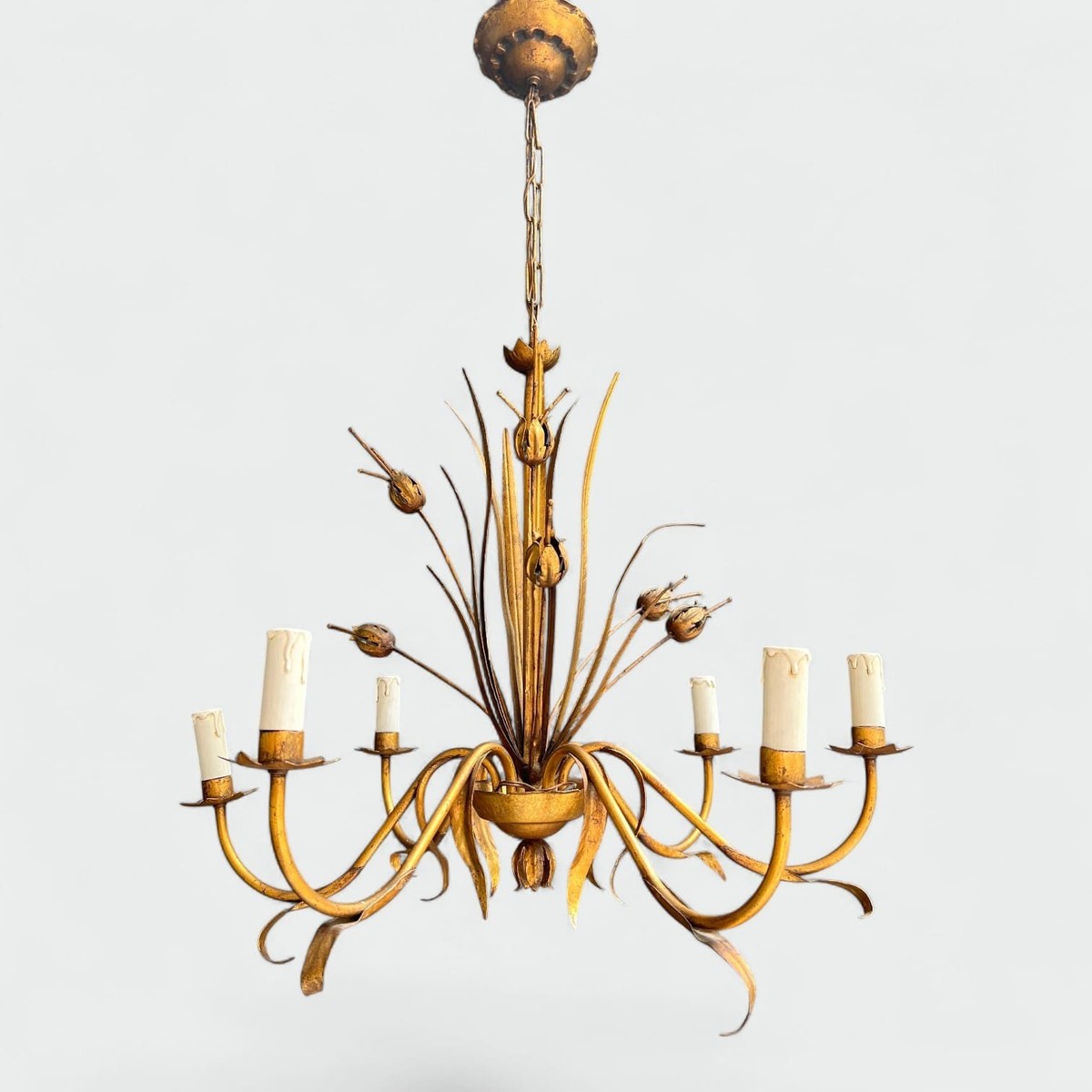 Gilt Metal Chandelier With Reed Spray Decoration. Coco Chanel Style. French Work. Circa 1970