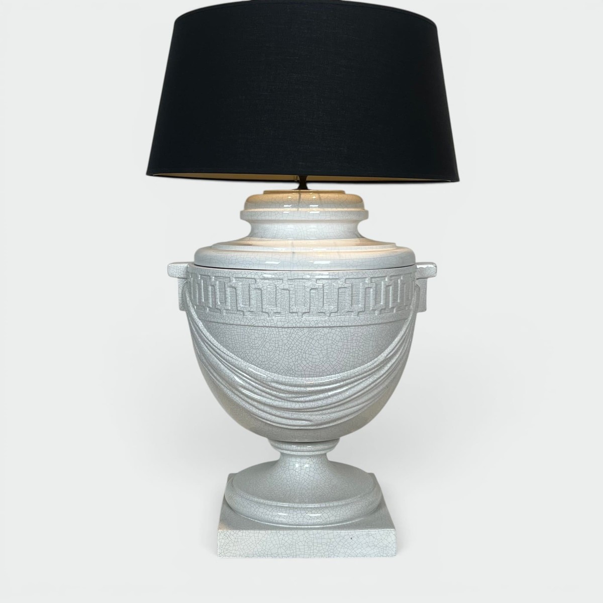 Large White Crackle-glazed Ceramic Urn Lamp With Drapery And A Greek Frieze. Neoclassical Style-photo-8