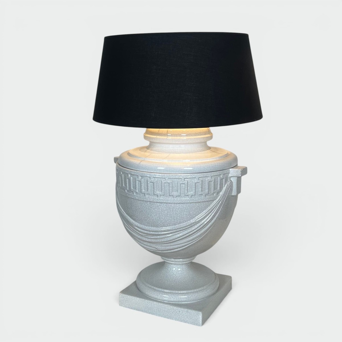 Large White Crackle-glazed Ceramic Urn Lamp With Drapery And A Greek Frieze. Neoclassical Style