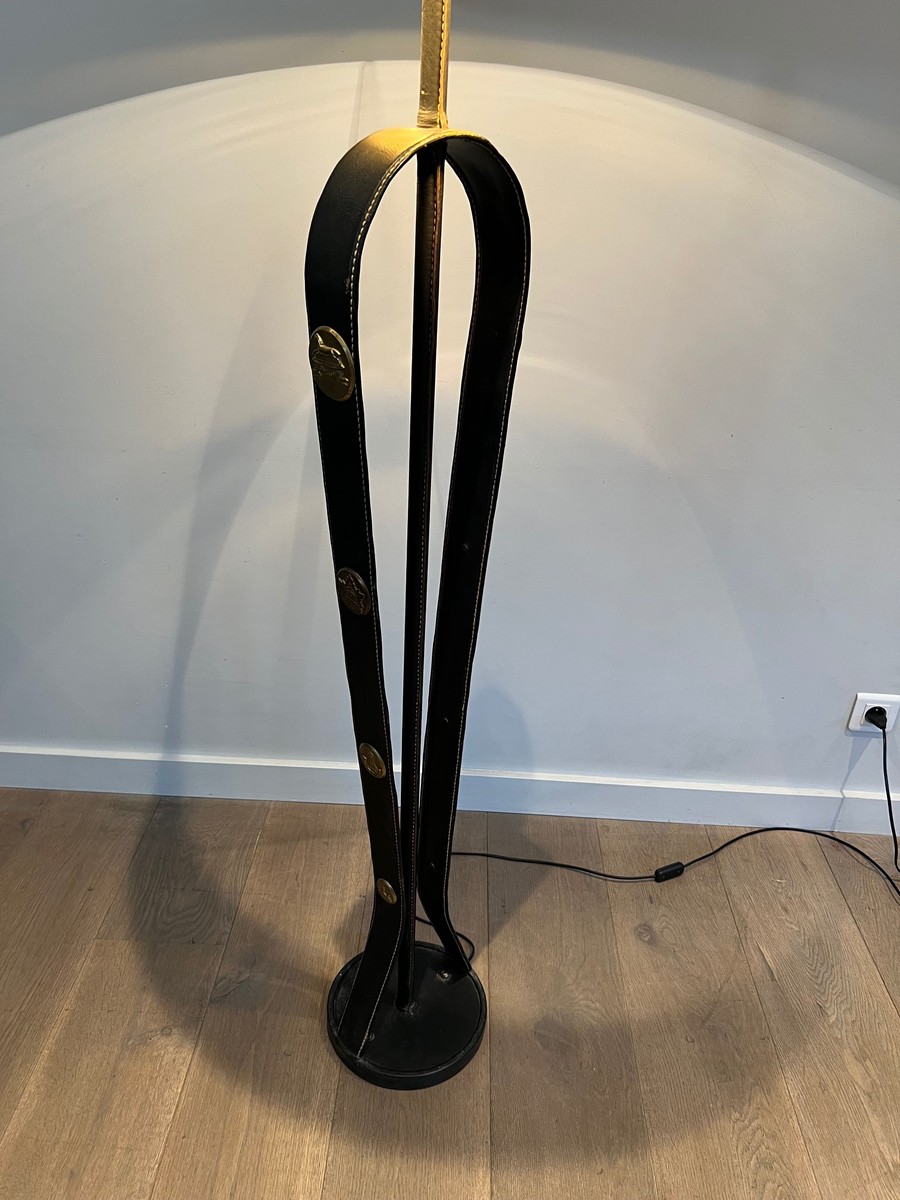 Floor Lamp In Black Saddle-stitched Leather With Brass Equestrian Medallions. Jacques Adnet. Ci-photo-1