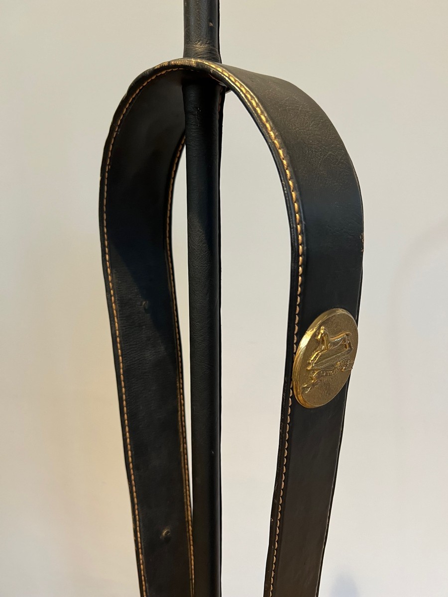Floor Lamp In Black Saddle-stitched Leather With Brass Equestrian Medallions. Jacques Adnet. Ci-photo-6